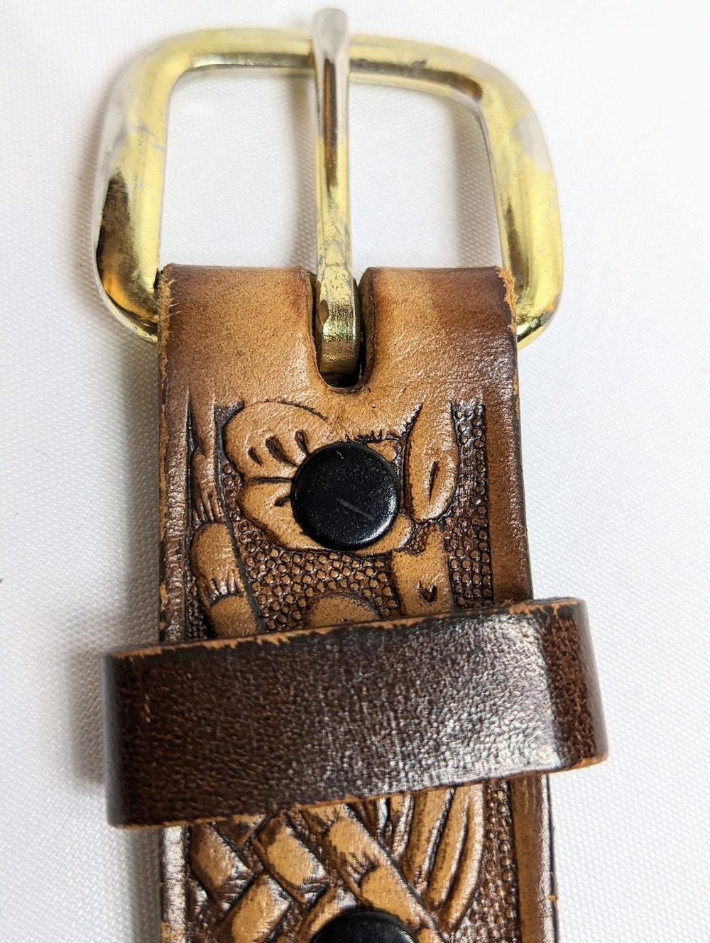 Vintage Unisex Tooled Leather Belt, Gold-tone Removable Buckle, Sz 28"/70cm - Picture 6 of 13
